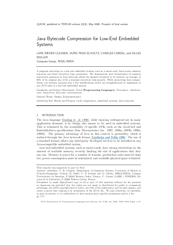 (PDF) Java bytecode compression for low-end embedded systems
