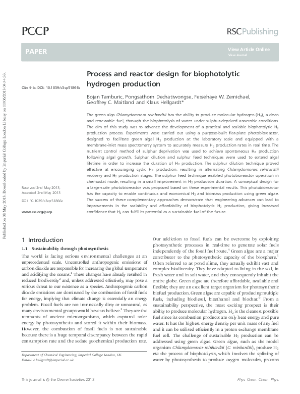 (PDF) Process and reactor design for biophotolytic hydrogen production