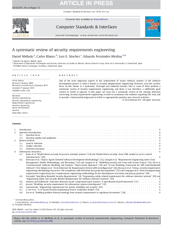 (PDF) A systematic review of security requirements engineering