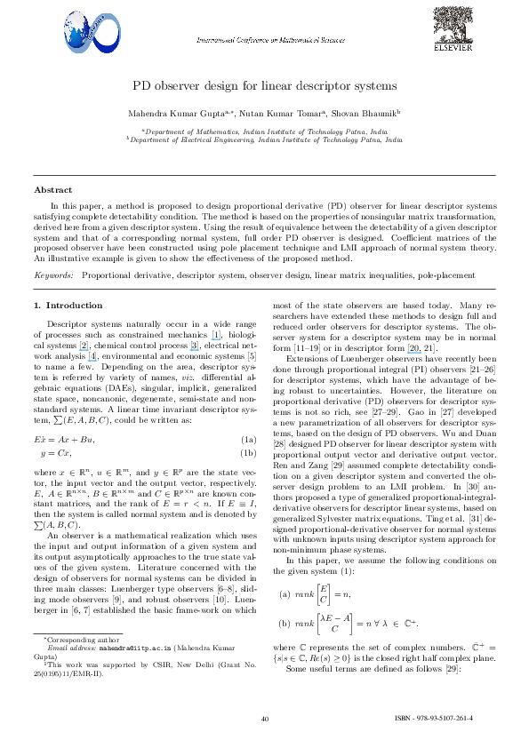 (PDF) PD observer design for linear descriptor systems