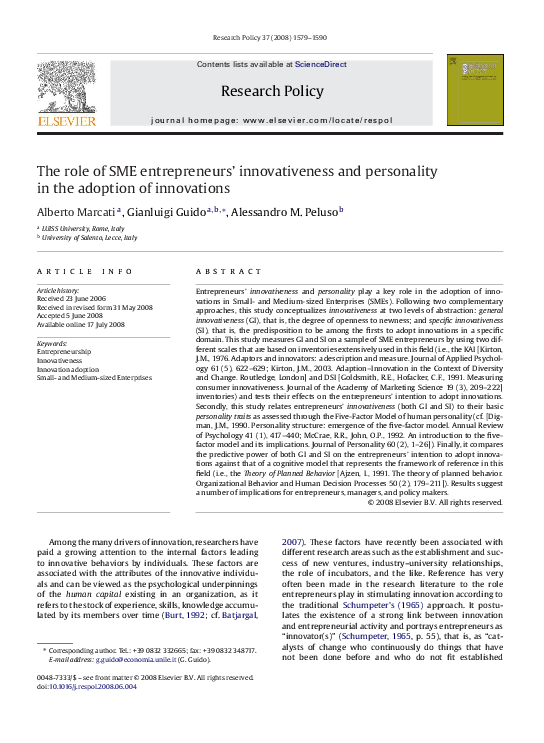 (PDF) The role of SME entrepreneurs’ innovativeness and personality in ...