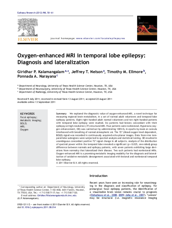 (PDF) Oxygen-enhanced MRI in temporal lobe epilepsy: Diagnosis and ...