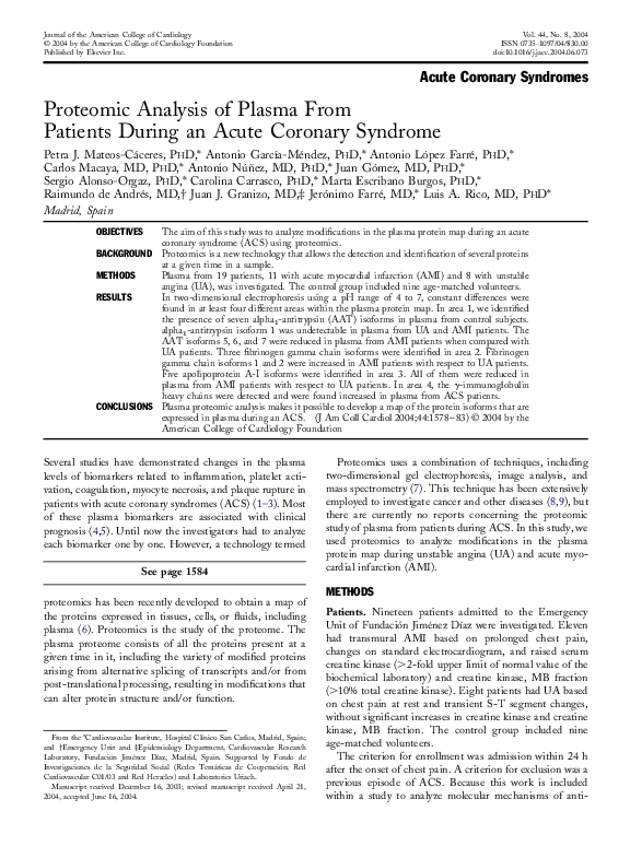 (PDF) Proteomic analysis of plasma from patients during an acute ...