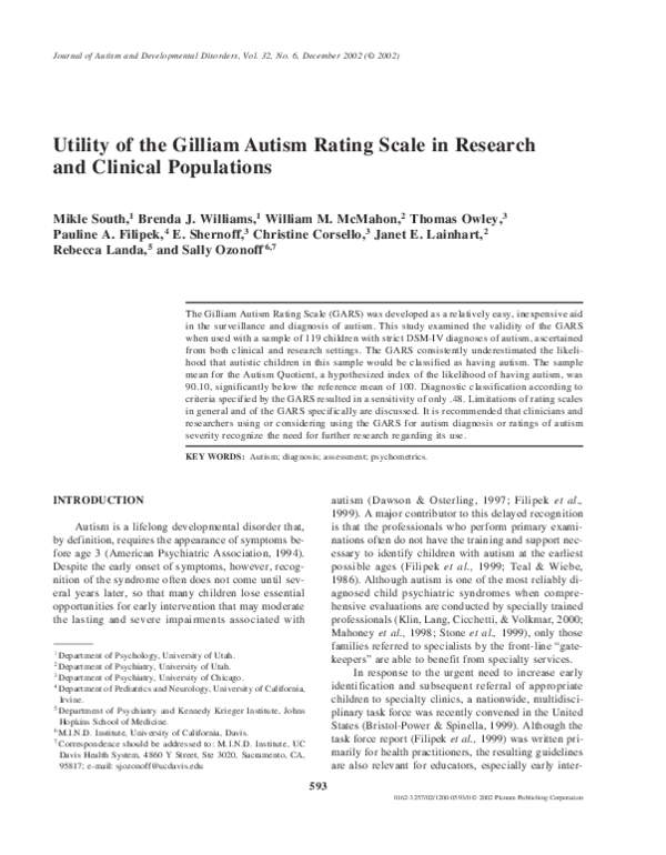  PDF Utility Of The Gilliam Autism Rating Scale In Research And