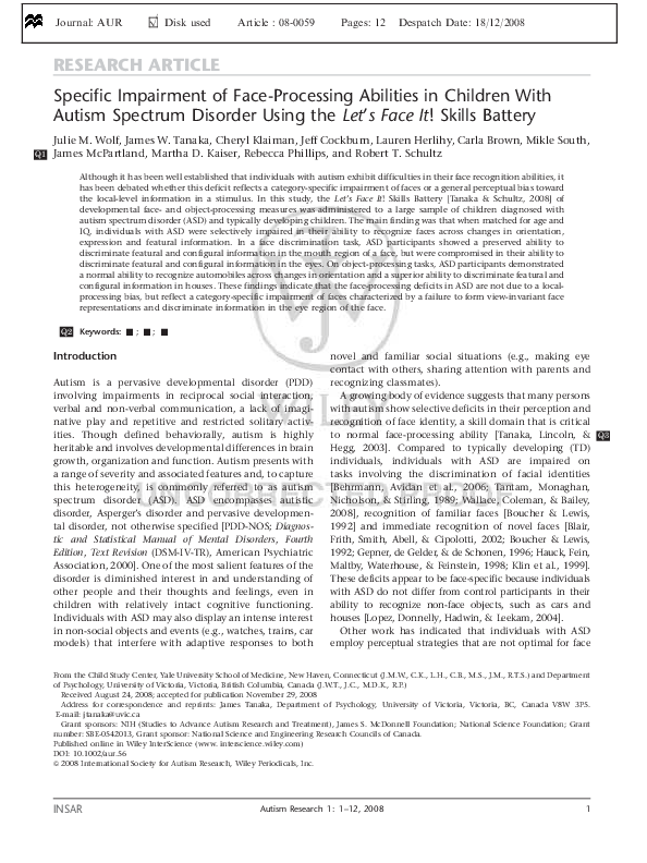 (PDF) Specific impairment of face-processing abilities in children with ...