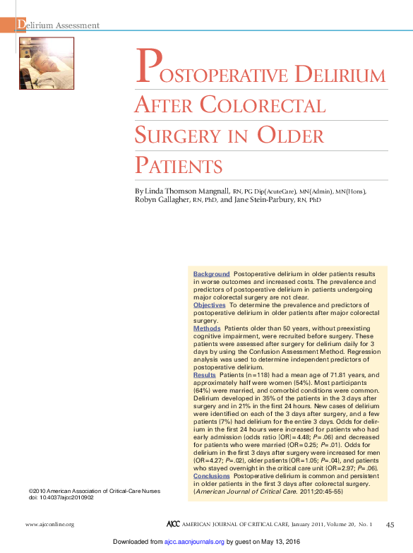 (PDF) Postoperative delirium after colorectal surgery in older patients