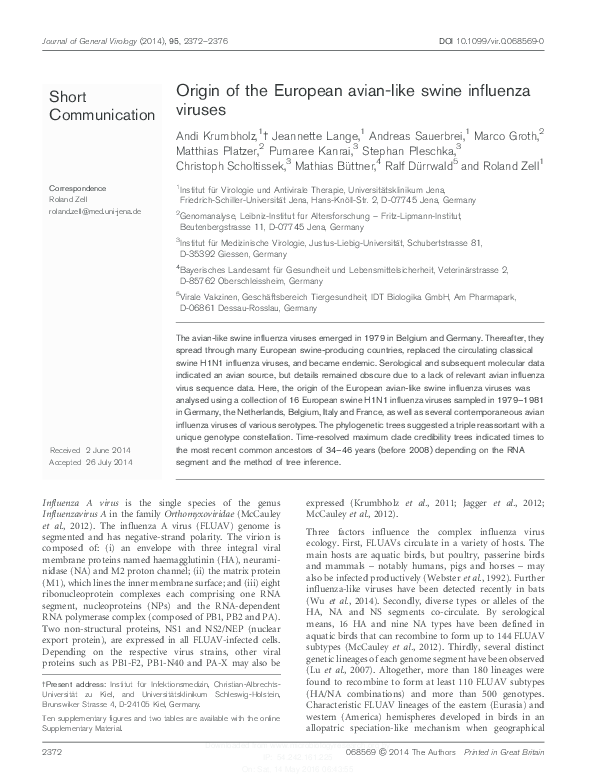 (PDF) Origin of the European avian-like swine influenza viruses