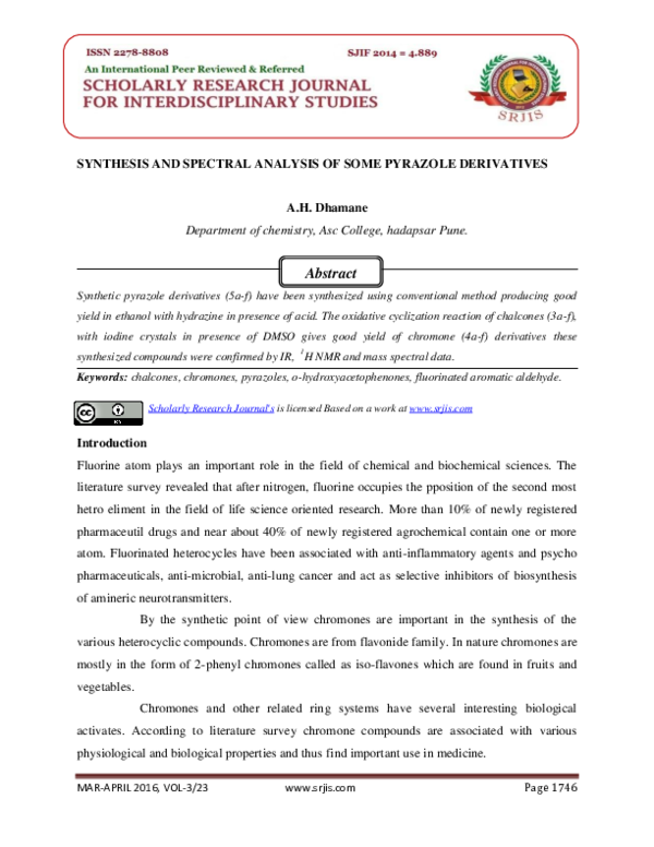 (PDF) SYNTHESIS AND SPECTRAL ANALYSIS OF SOME PYRAZOLE DERIVATIVES