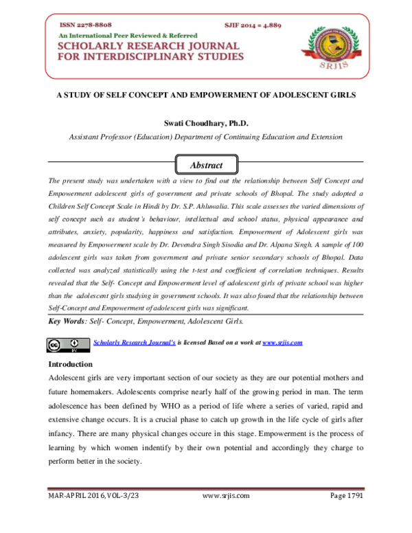 (PDF) A STUDY OF SELF CONCEPT AND EMPOWERMENT OF ADOLESCENT GIRLS