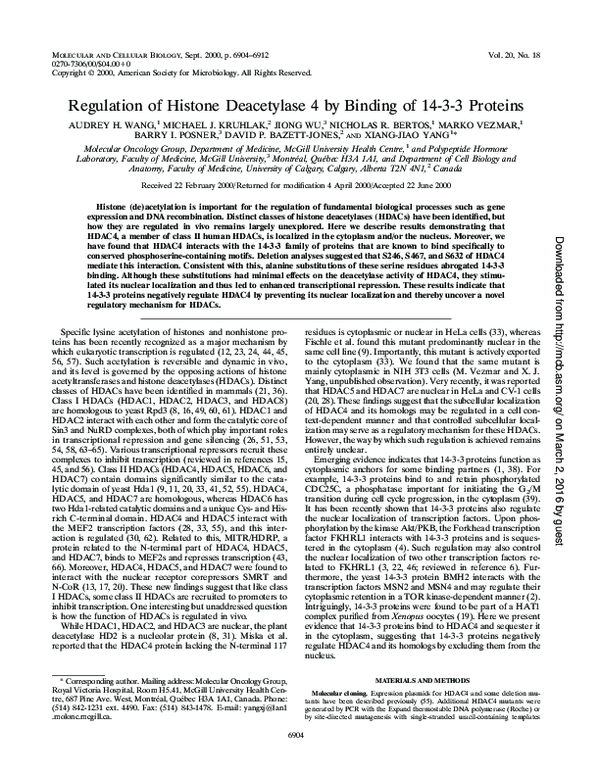 (PDF) Regulation of Histone Deacetylase 4 by Binding of 14-3-3 Proteins