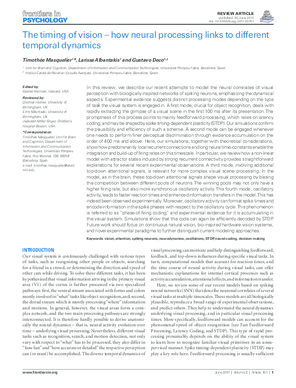(PDF) The Timing of Vision – How Neural Processing Links to Different ...