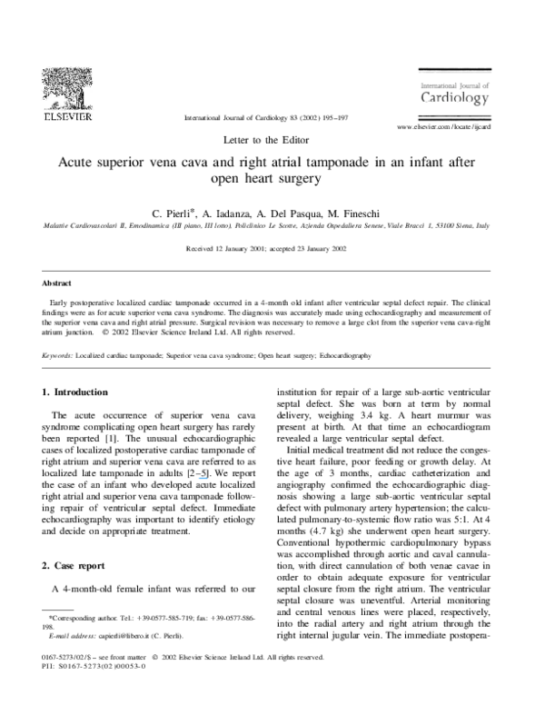 (PDF) Acute superior vena cava and right atrial tamponade in an infant ...