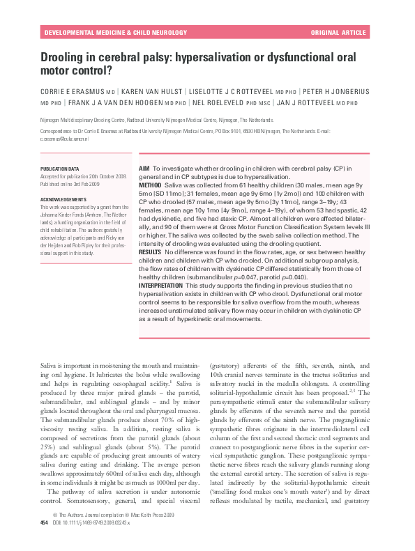 (PDF) Drooling in cerebral palsy: hypersalivation or dysfunctional oral ...