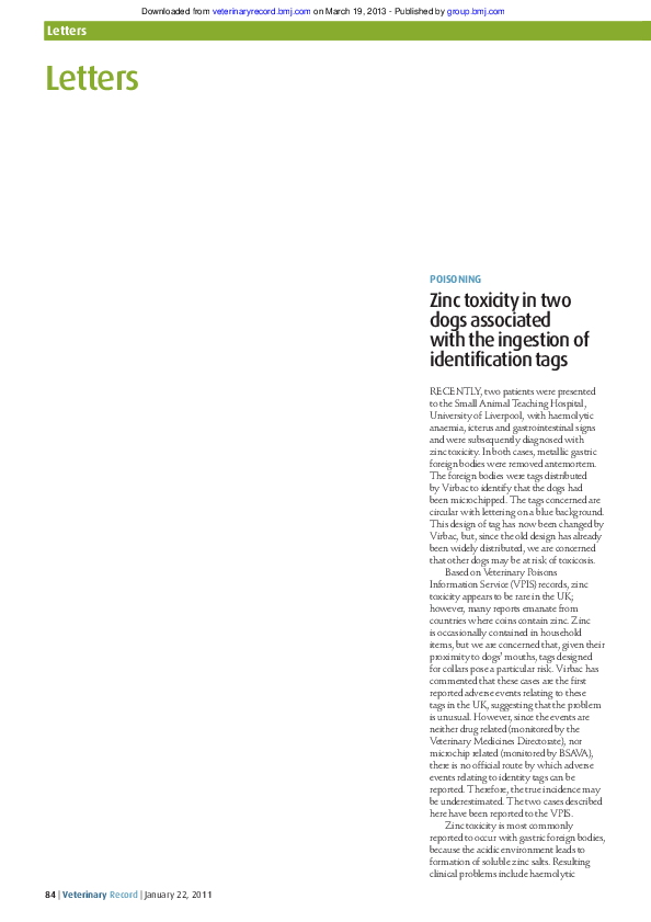 (PDF) Zinc toxicity in two dogs associated with the ingestion of