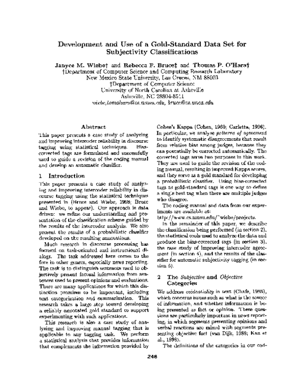 (PDF) Development and use of a goldstandard data set for subjectivity