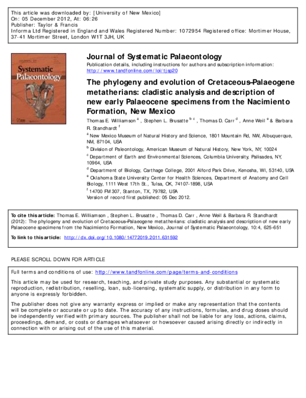 (PDF) The phylogeny and evolution of Cretaceous Palaeogene metatherians ...