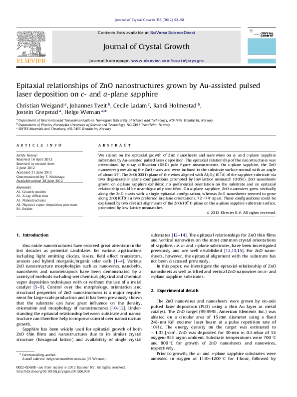 (PDF) Epitaxial relationships of ZnO nanostructures grown by Au ...