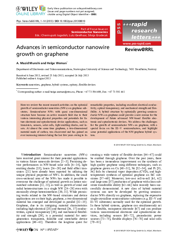 (PDF) Advances in semiconductor nanowire growth on graphene