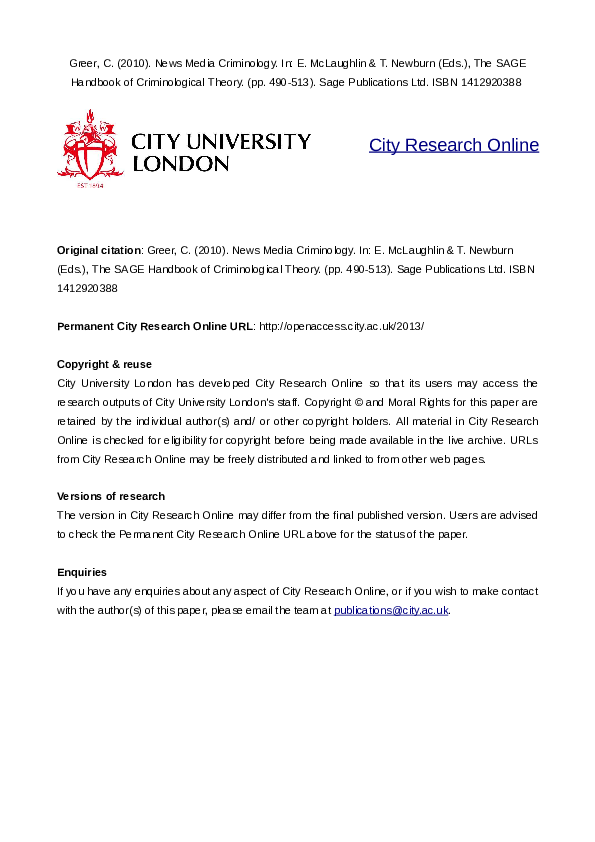(PDF) ‘News Media Criminology’, in McLaughlin, E. and Newburn, T. (eds