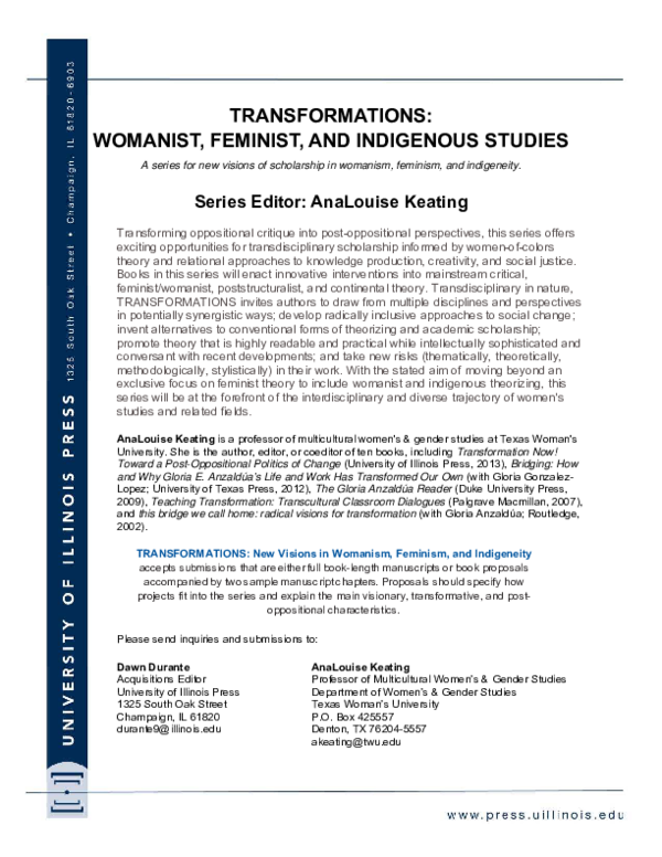 First page of “TRANSFORMATIONS: WOMANIST, FEMINIST, AND INDIGENOUS STUDIES A series for new visions of scholarship in womanism, feminism, and indigeneity”