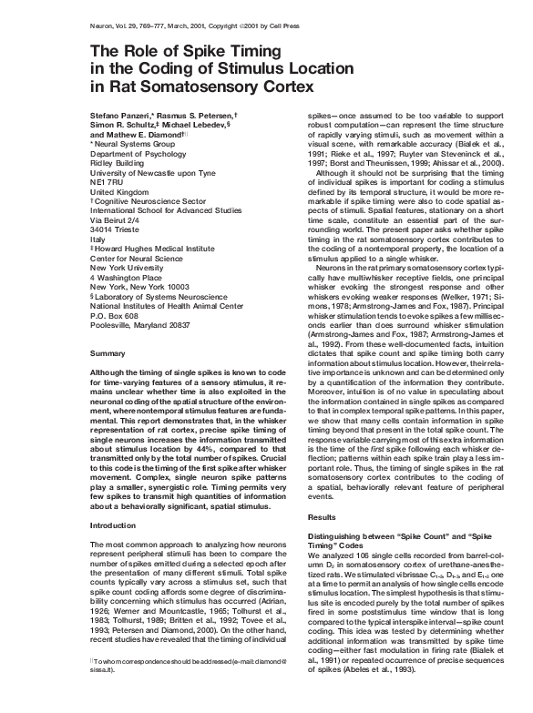 (PDF) The Role of Spike Timing in the Coding of Stimulus Location in ...