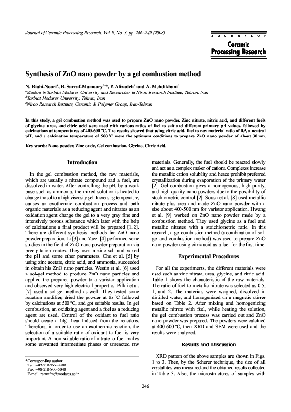 (PDF) Synthesis of ZnO nano powder by a gel combustion method