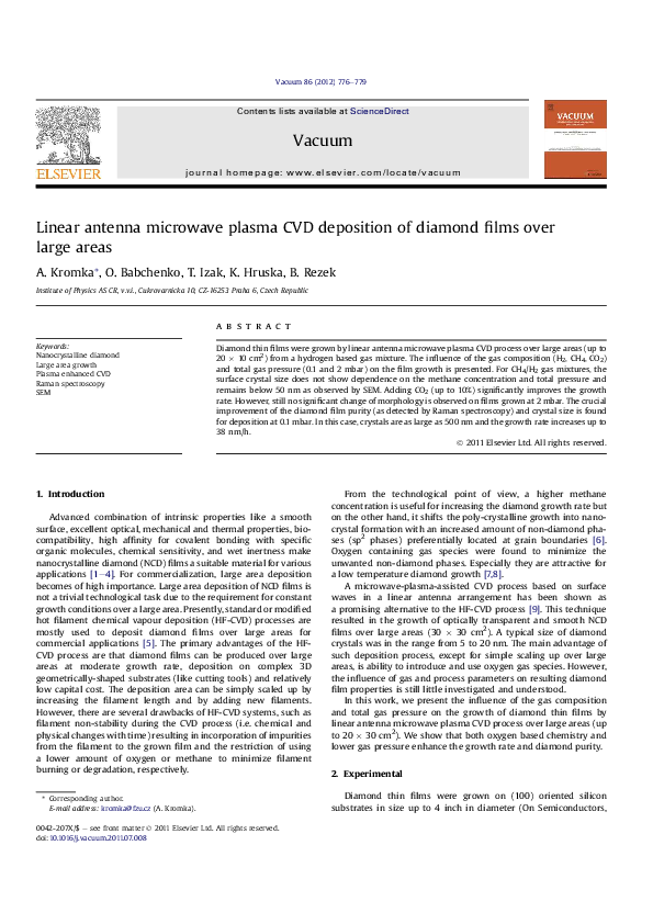 (PDF) Linear antenna microwave plasma CVD deposition of diamond films ...
