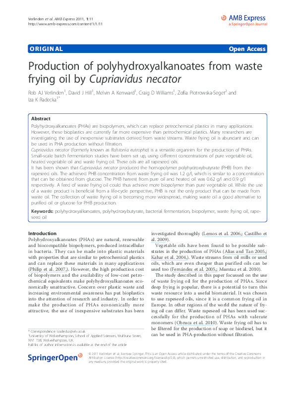 (PDF) Production of polyhydroxyalkanoates from waste frying oil by ...
