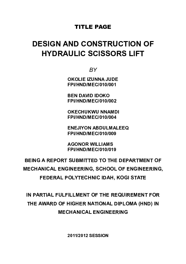 (DOC) DESIGN AND CONSTRUCTION OF HYDRAULIC SCISSORS LIFT Geoffrey