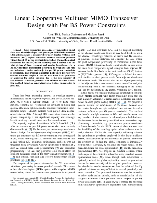 (PDF) Linear Cooperative Multiuser MIMO Transceiver Design with Per BS ...