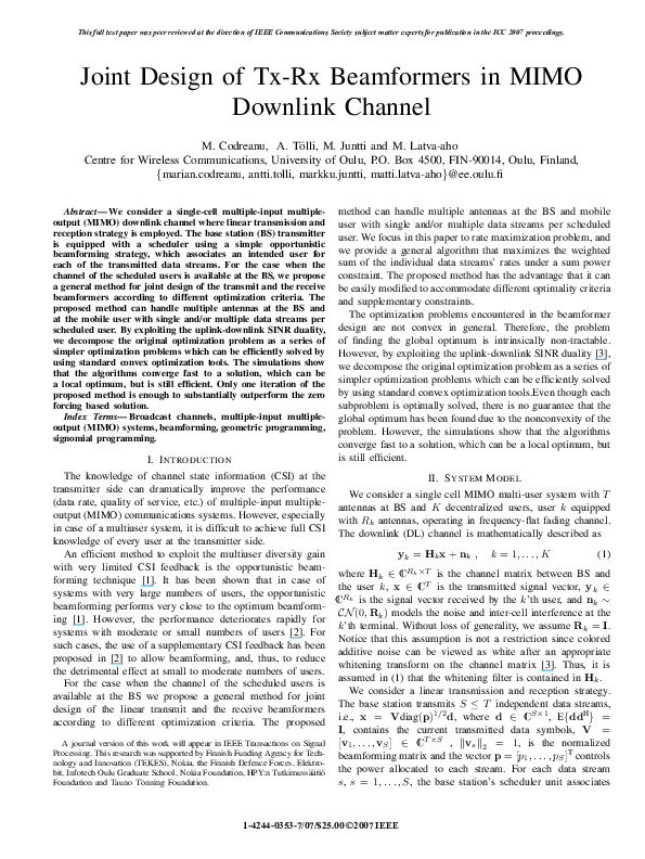 (PDF) Joint Design of Tx-Rx Beamformers in MIMO Downlink Channel
