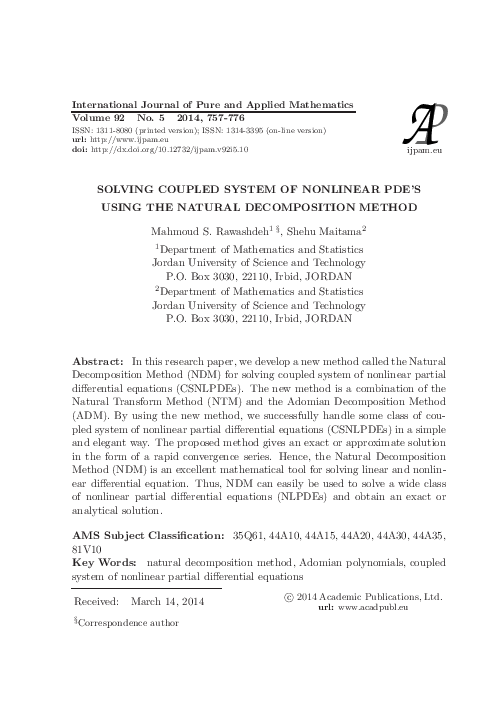 (PDF) SOLVING COUPLED SYSTEM OF NONLINEAR PDE'S USING THE NATURAL ...