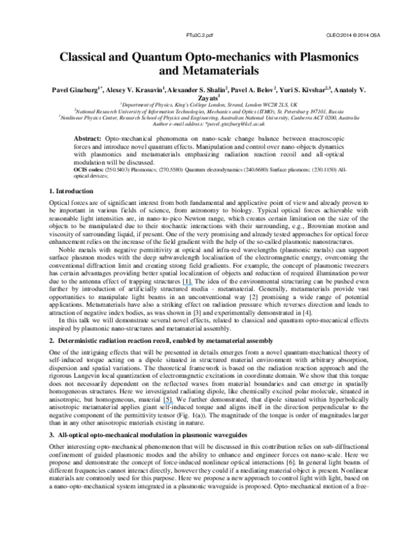 (PDF) Classical and Quantum Opto-mechanics with Plasmonics and ...