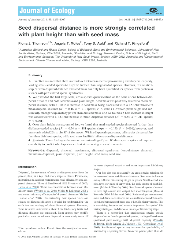 (PDF) Seed dispersal distance is more strongly correlated with plant ...
