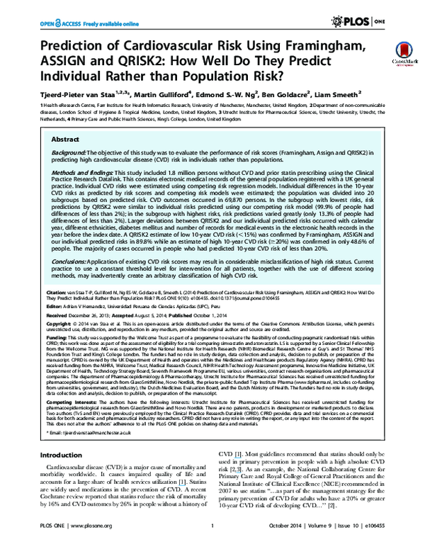 (PDF) Prediction of Cardiovascular Risk Using Framingham, ASSIGN and ...