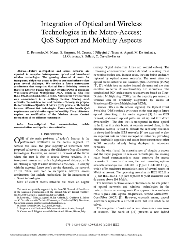 (PDF) Integration of Optical and Wireless Technologies in the Metro ...