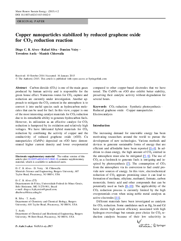 (PDF) Copper nanoparticles stabilized by reduced graphene oxide for CO2 ...