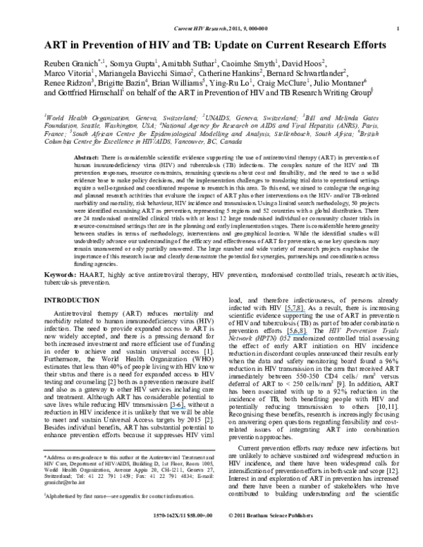 (PDF) Antiretroviral Therapy in Prevention of HIV and TB: Update on ...