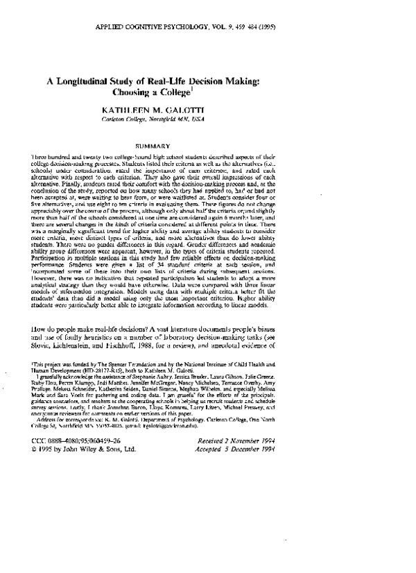 (PDF) A longitudinal study of real-life decision making: Choosing a college