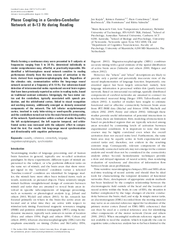 (PDF) Phase Coupling in a Cerebro-Cerebellar Network at 8-13 Hz during ...