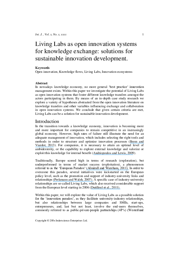 (PDF) Living labs as open innovation systems for knowledge exchange ...