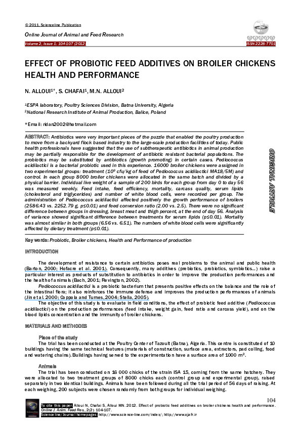 (PDF) Effect of Probiotic Feed Additives on Broiler Chickens Health and ...