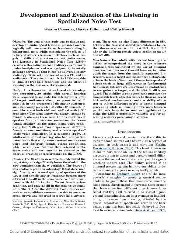 (PDF) Development and Evaluation of the Listening in Spatialized Noise Test