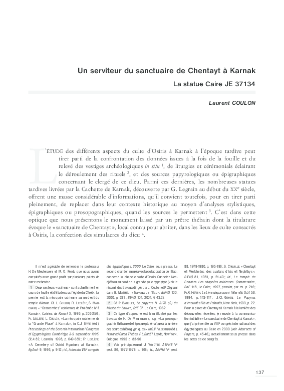 (PDF) « Un serviteur du sanctuaire de Chentayt à Karnak (La statue