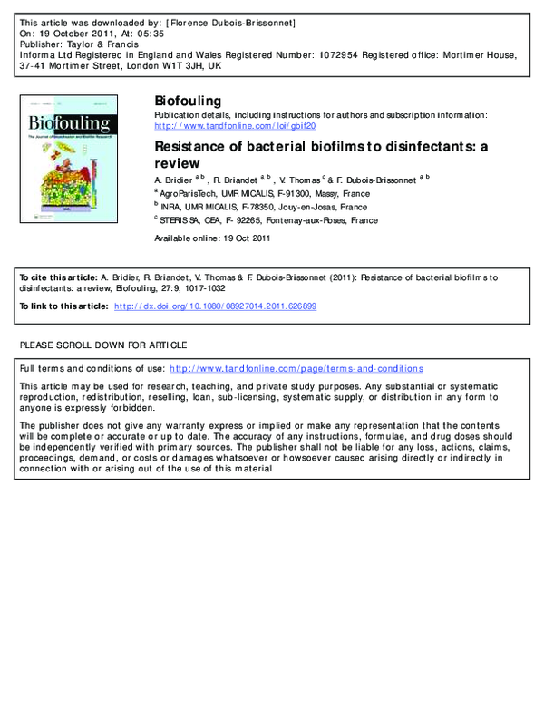 (PDF) Resistance of bacterial biofilms to disinfectants a review
