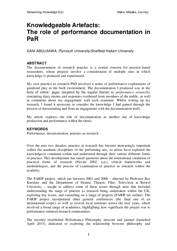 (PDF) Knowledgeable Artefacts: The role of performance documentation in PaR