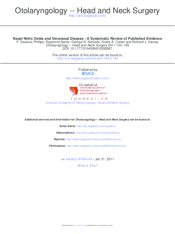 (PDF) Nasal Nitric Oxide and Sinonasal Disease A Systematic Review of Published Evidence