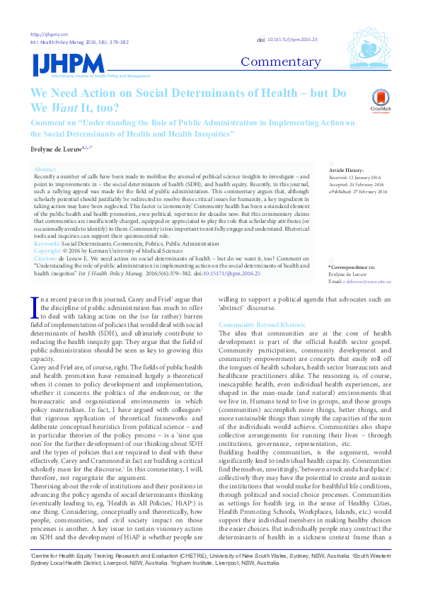 (PDF) We Need Action on Social Determinants of Health – but Do We Want ...