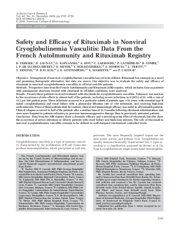 (PDF) Safety and efficacy of rituximab in nonviral cryoglobulinemia ...