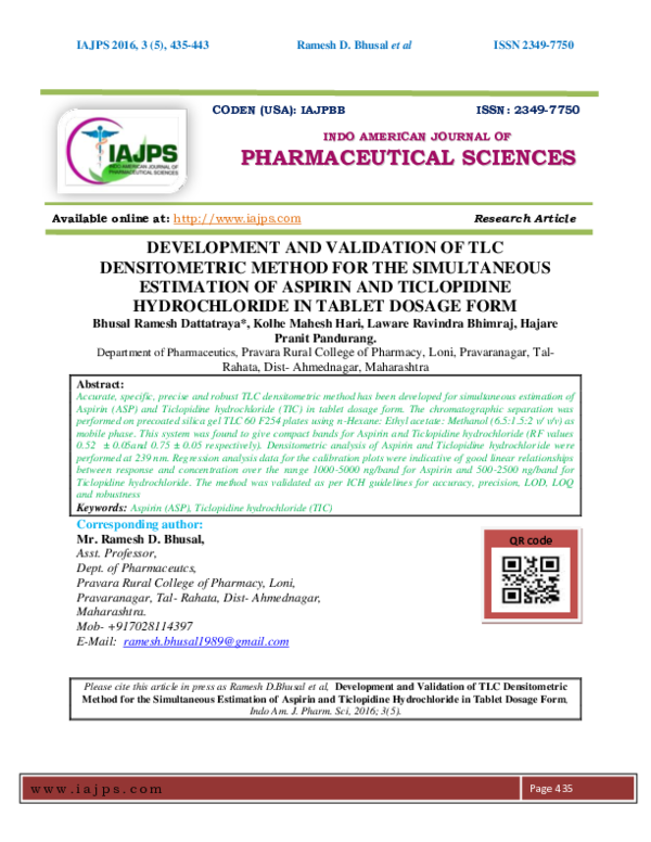 (PDF) DEVELOPMENT AND VALIDATION OF TLC DENSITOMETRIC METHOD FOR THE